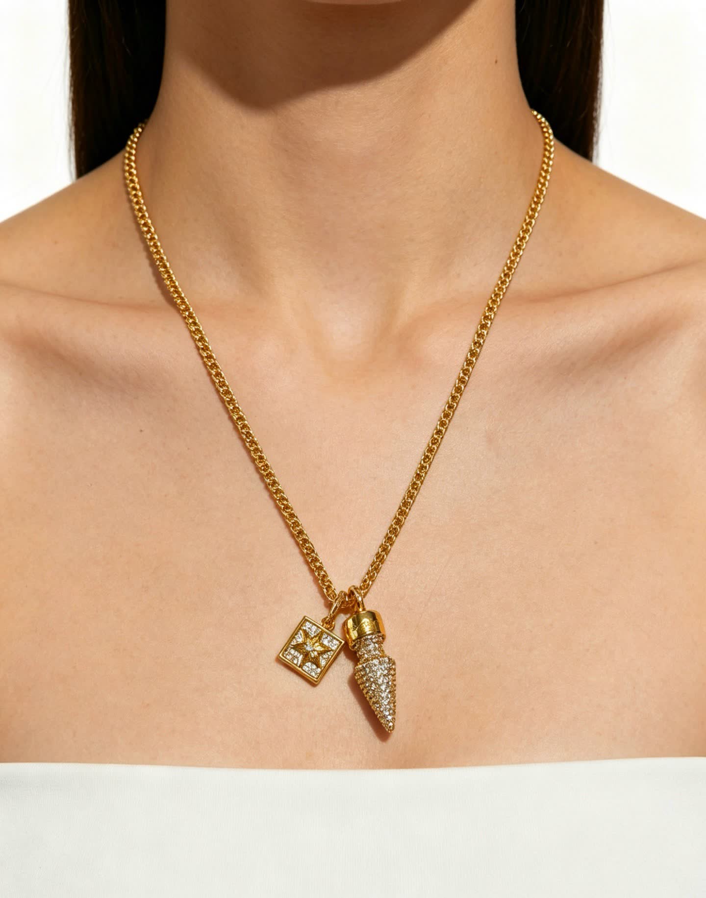 Chrome Hearts Gold Plated Diamond-Studded Necklace with Star and Spike Pendant